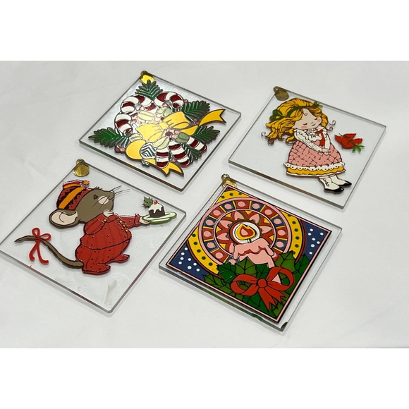 Vintage 1980 Current Glass Christmas Ornaments 2.5" Square with Metal Hanger - Picture 2 of 8